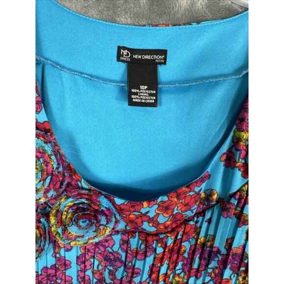 New Directions Dress Womens A Line Turquoise Blue Floral Pleated Short Sleeve - Picture 4 of 14